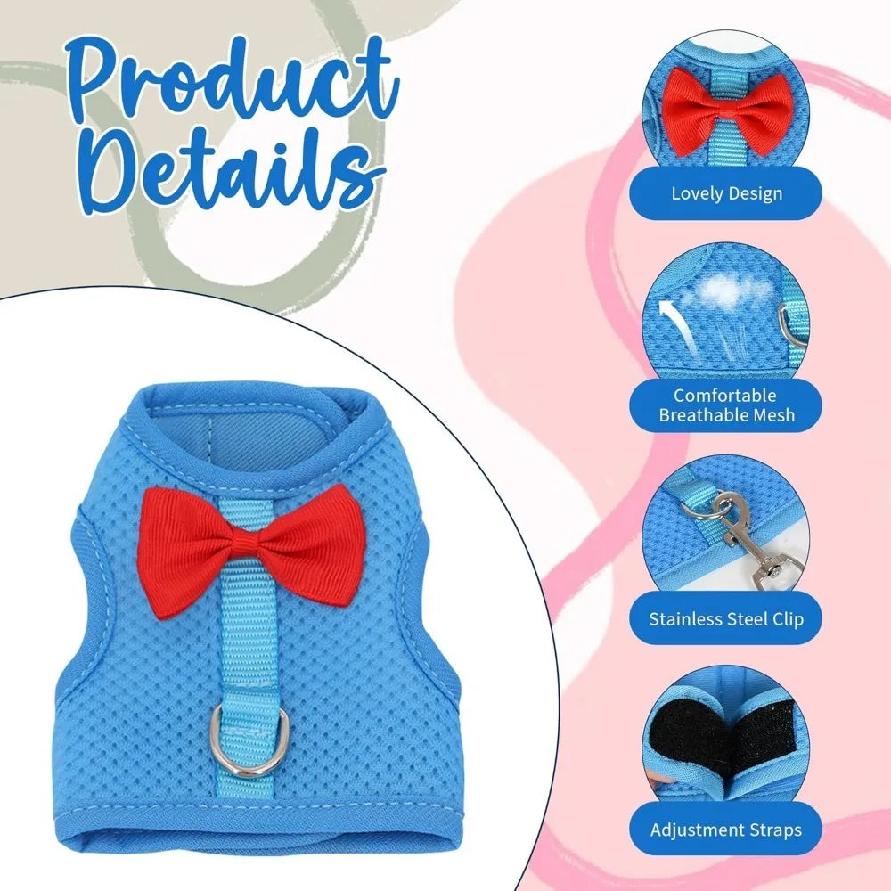 Bunny Harness and Leash Set with Cute Bow, Soft Breathable Mesh Vest Harness for Rabbits Kitten Ferret Small Pig Puppy Walking