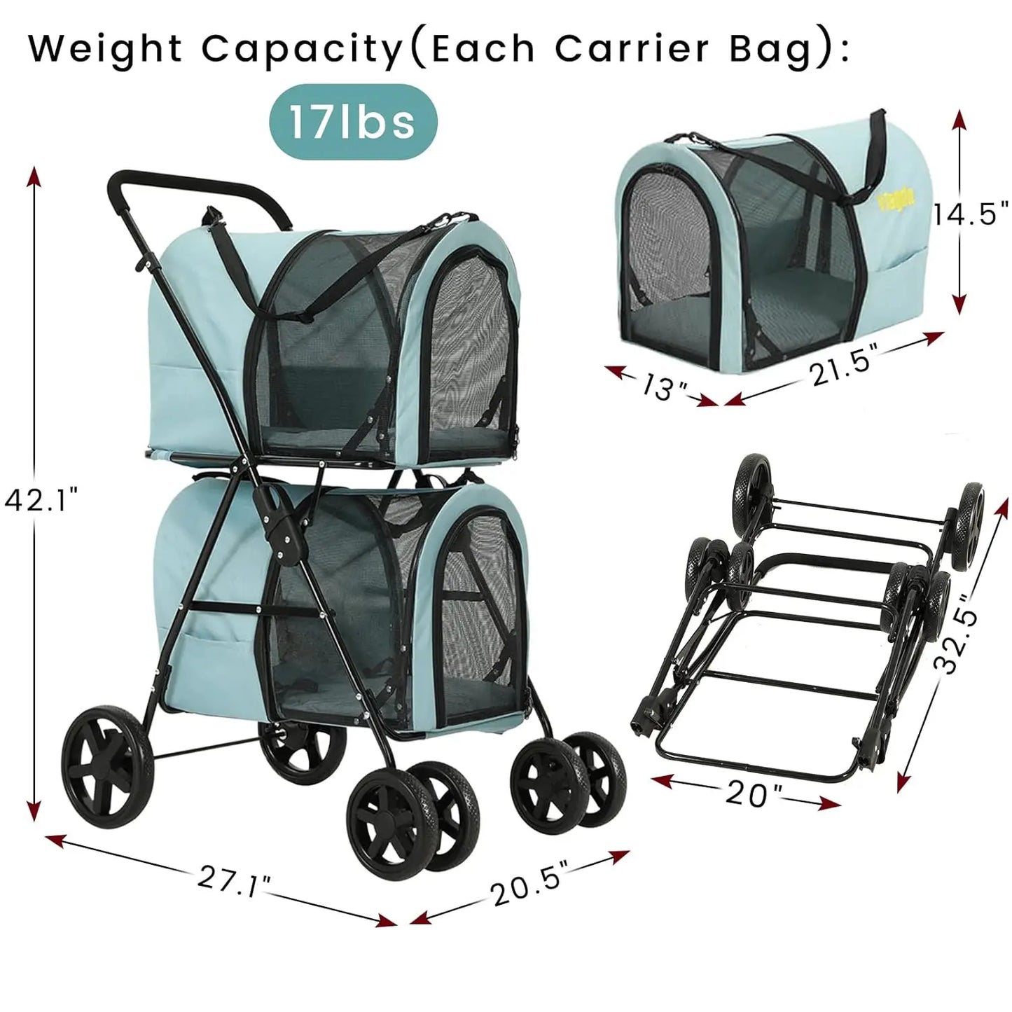 4-in-1 Double Pet Stroller for Dogs and Cats, 2 Detachable Carriers, 4 Lockable Wheels Cat Strollers for 2 Cats, Collapsible