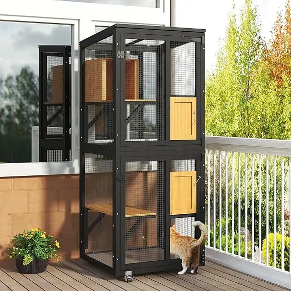 Cat Catio Outdoor Enclosure, 4 Tiers Cat Playen Catio with Wheels, Resting Box, Sunshine Panel Waterproof Roof, Large Pet House