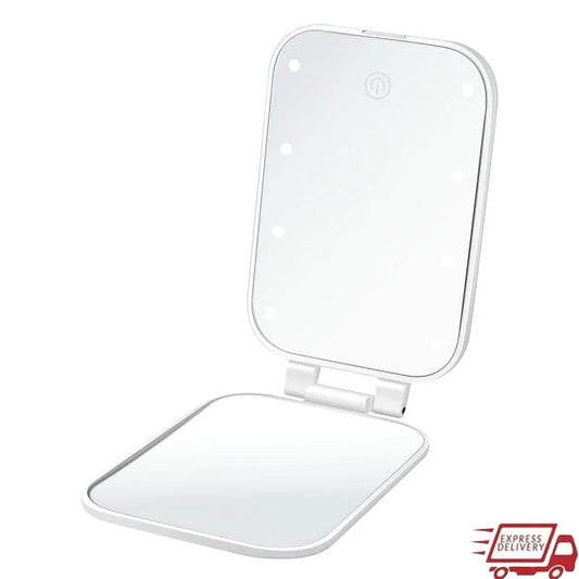 LED Lighted Compact Touchscreen Mirror with 1x 3x Magnification Battery Operated Free Standing Handheld Beauty Tool Travel