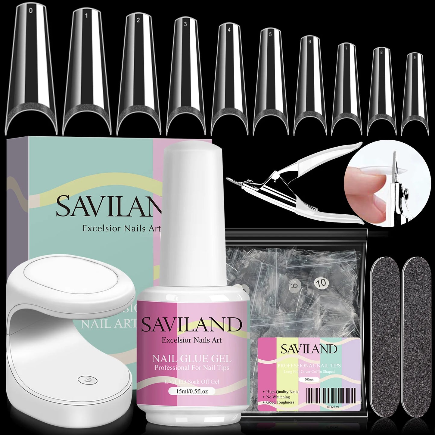 SAVILAND Gel x Nail Kit 15ml Super Strong Nail Glue Gel with 500pcs Half Cover Nails Tips & UV LED Nail Lamp For Nail Extension