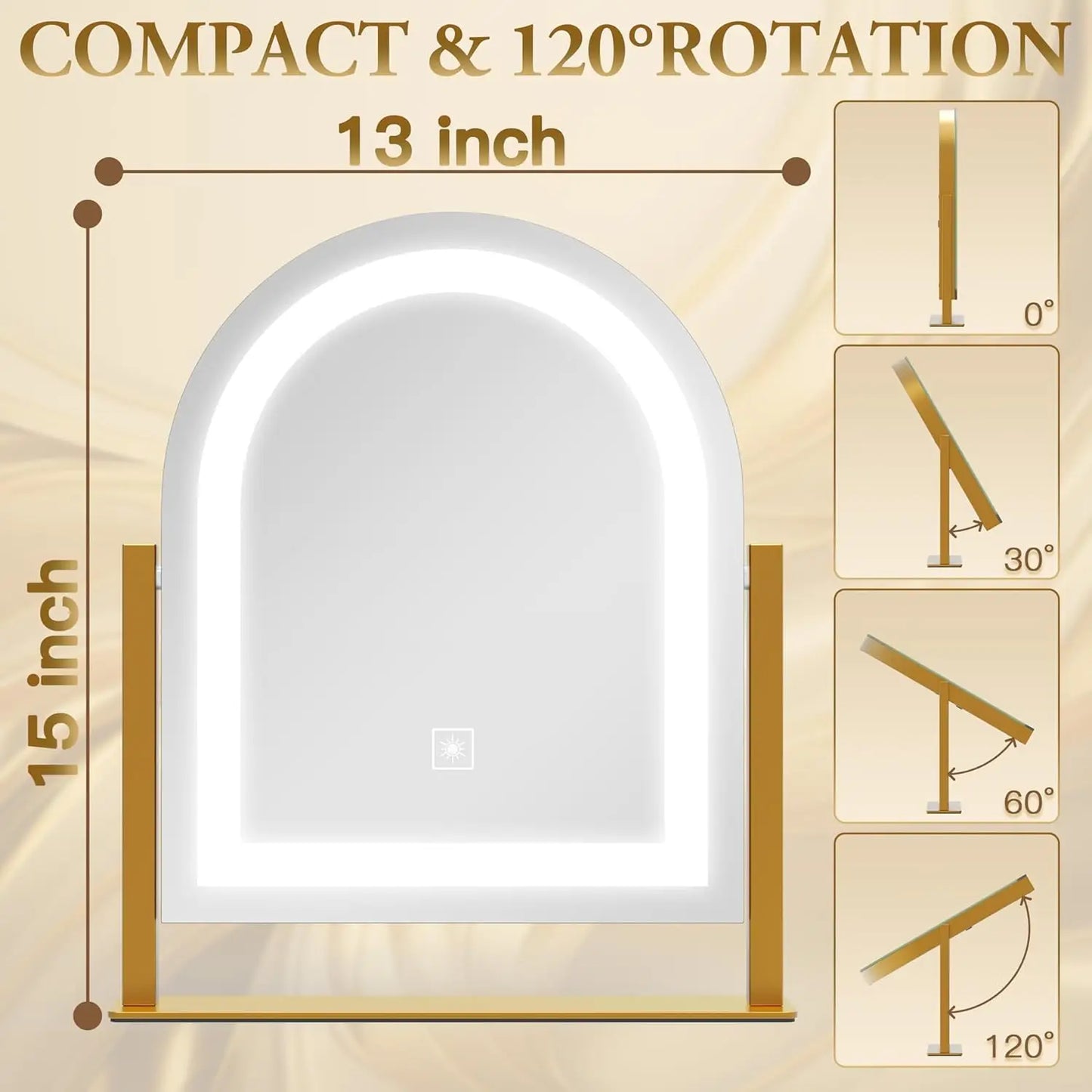 Light colored makeup mirror with 3-tone lighting, detachable 10x magnifying glass, 360 ° rotation, 15 inches x 13 inches (gold)