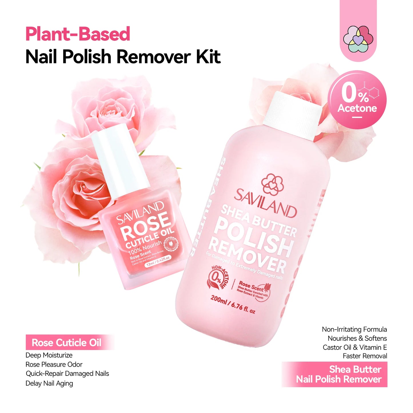 SAVILAND 200ml Nail Polish Remover Kit Fingernail Polish Remover Shea Butter Nail Remover with Castor Oil VE Cuticle Oil