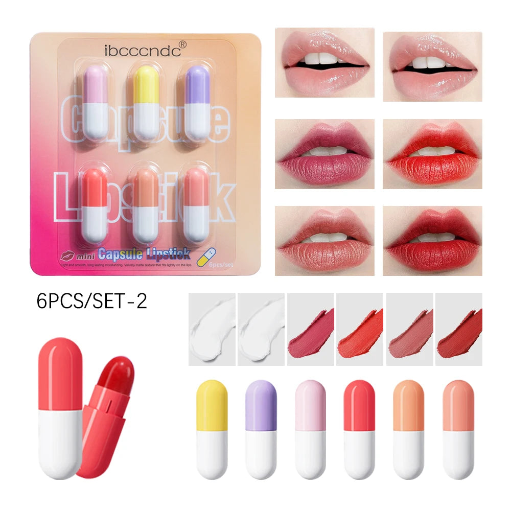 6pcs Mini Cute Capsule Lipstick Set with Lip Balm Moisturizing Waterproof Non-stick Cup Carry Pill Lipstick Lips Makeup Gift