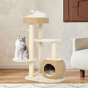Modern Cat Tree 39 Inch Tall Black Cat Tree for Kittens Climb Play and Rest Indoor Cat Trees with Natural Sisal Scratching Post