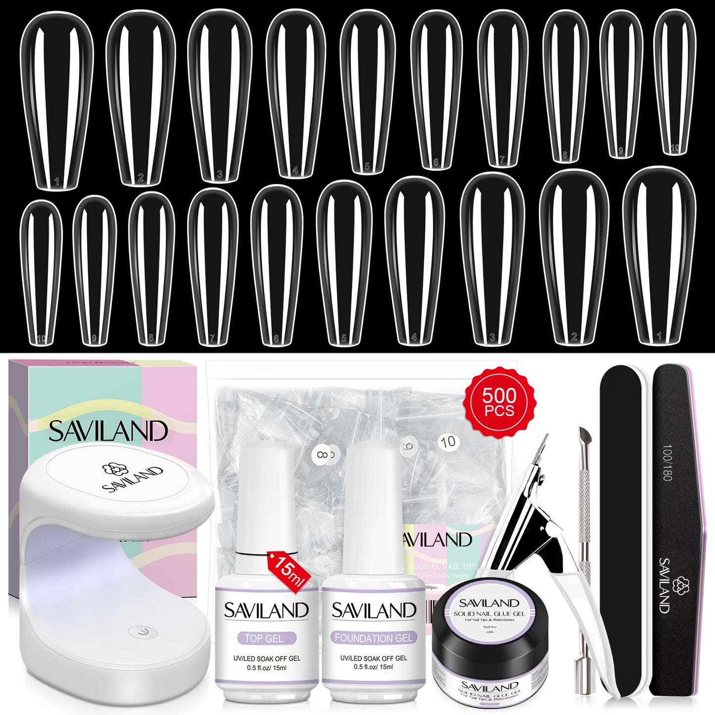 SAVILAND 500pcs Gel X Nail Kit For Extension Nail Tips Full Cover Press On Nails Sculpted Almond Coffin with UV LED Nail Lamp