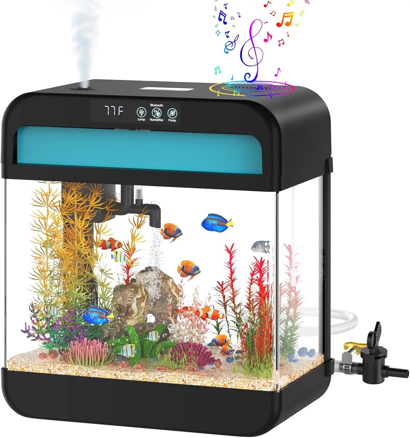 Fish Tank 2.2 Gallon Fish Aquarium with Music Humidifier 7 Color Auto-Looping Light Adjustable Water Pump with Filtration & Aera