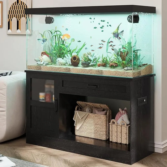 40 Gallon Tank Stand, Wooden Aquarium Stand 40 Gallon Fish Tank Stand with Drawer, Reptile Tank Stand with Power Strip and LED