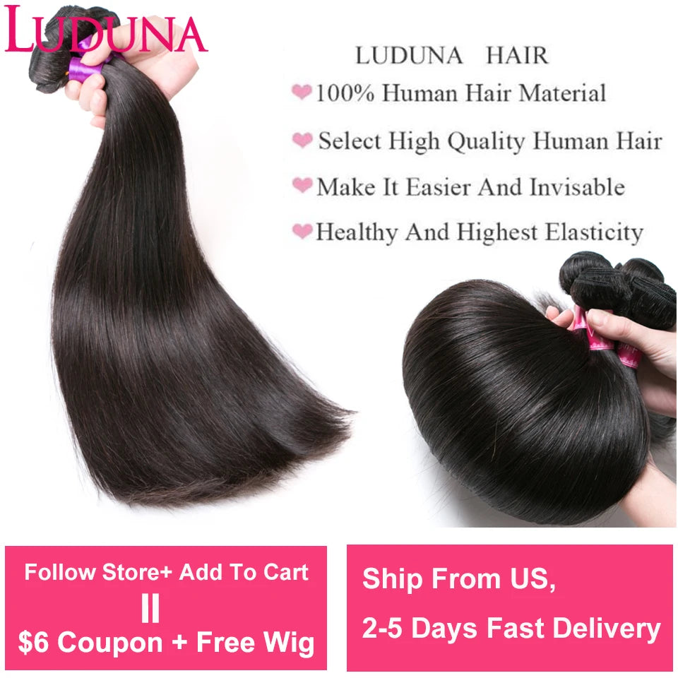 Luduna Straight Bundles Human Hair Brazilian Human Hair Bundles Remy Extensions 1/3/4 Bundle Deal Weave Double Weft Hair Weaving