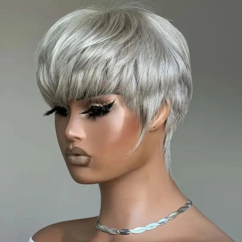 Grey Short Pixie Cut Wig for Women Straight Human Hair