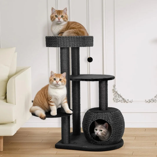 Modern Cat Tree 39 Inch Tall Black Cat Tree for Kittens Climb Play and Rest Indoor Cat Trees with Natural Sisal Scratching Post