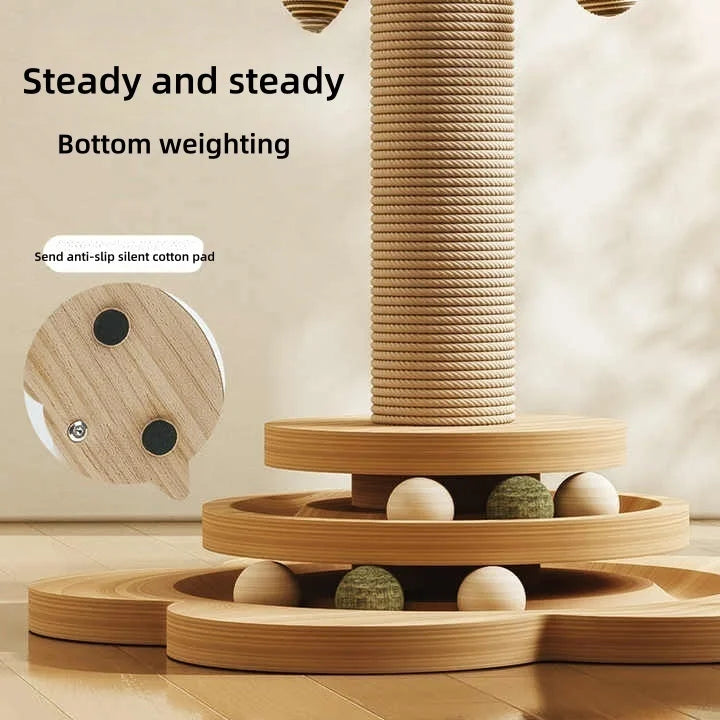Indoor Cat Scratching Post for Home Pets, 2-Layer Ball Track Kitten Toy with Teasing Wand, Sisal Cat Scratching Post with Toy Ball