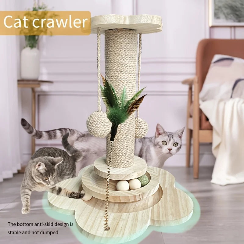Indoor Cat Scratching Post for Home Pets, 2-Layer Ball Track Kitten Toy with Teasing Wand, Sisal Cat Scratching Post with Toy Ball