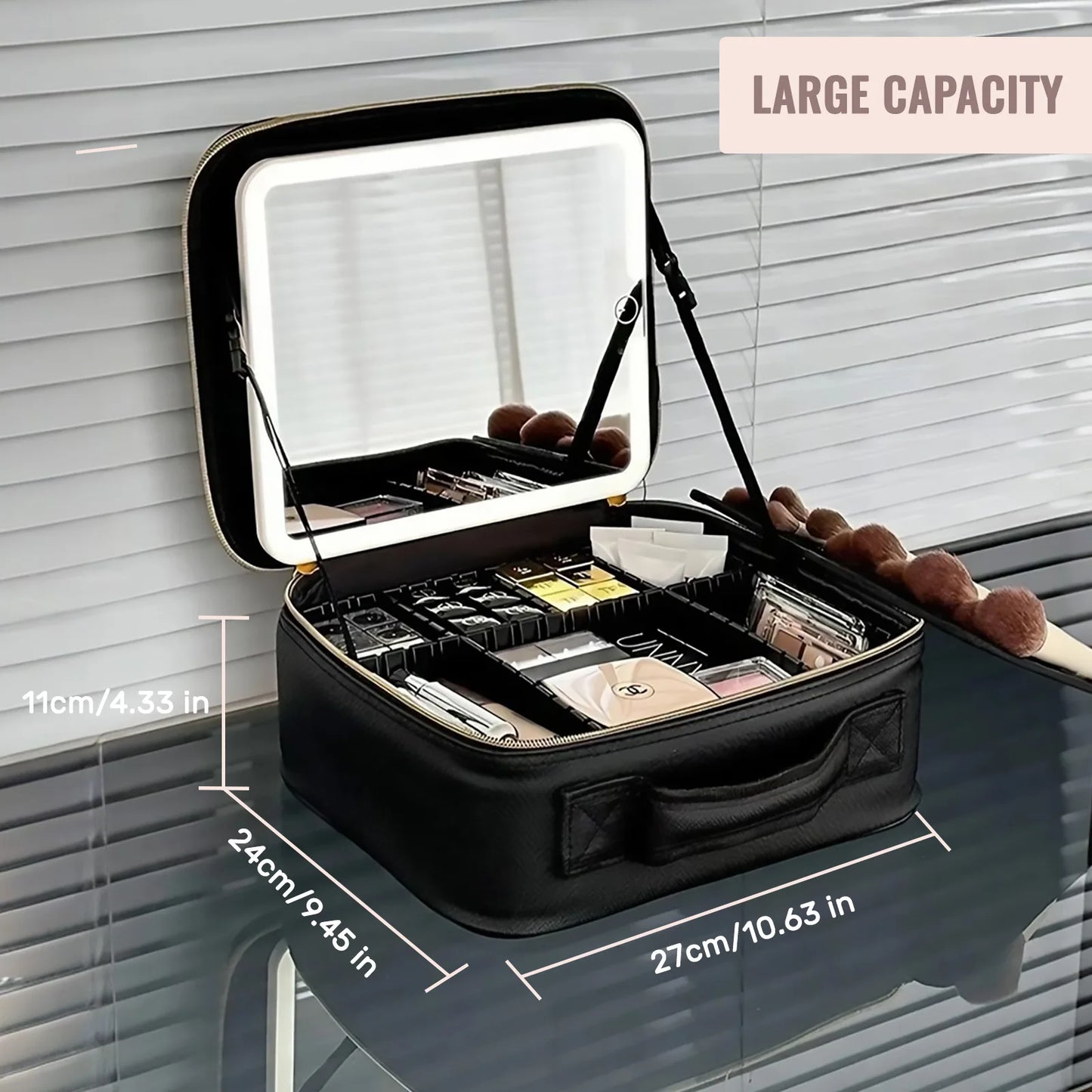 Travel Makeup Bag With LED Mirror And Adjustable Dividers
