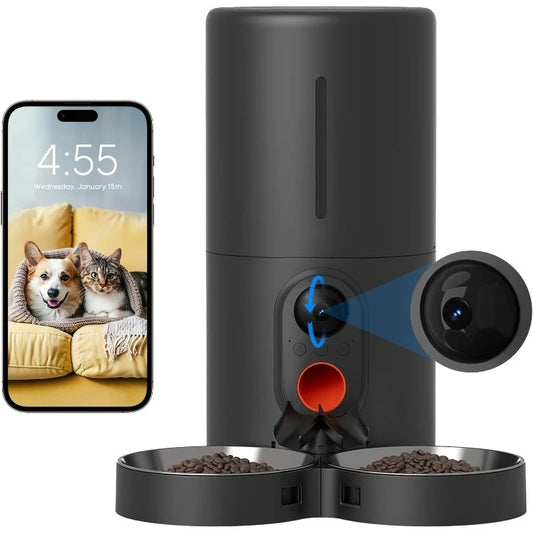 Automatic Cat Feeder with Camera for Two Cats, 6L Automatic Dog Feeder with HD Video and Night Vision