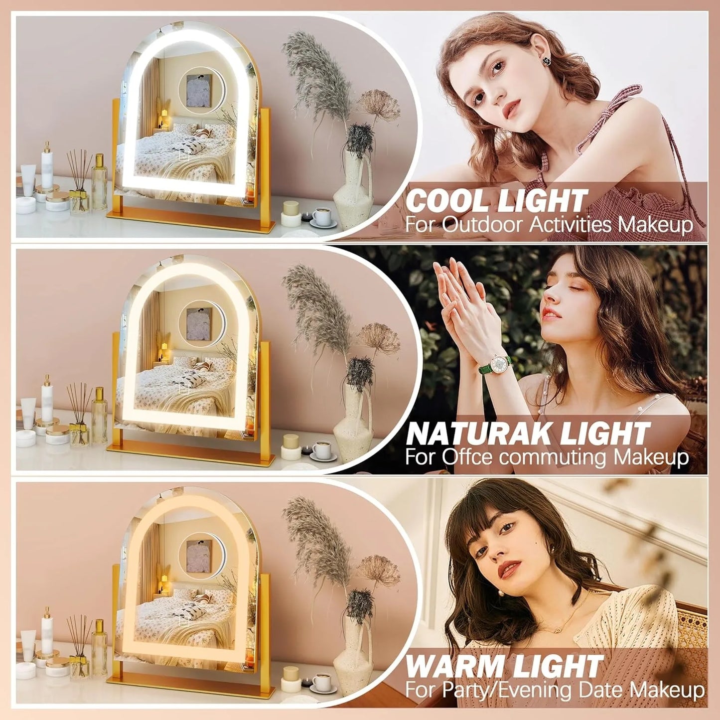Large makeup mirror with light -15.5 "x13", with light, magnified 10x, touch screen with tri color illumination,(gold)