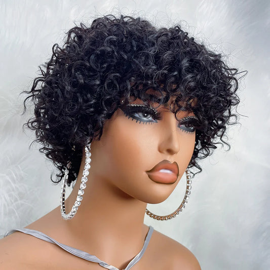 Pixie Cut Human Hair Wig For Black Women With Bangs