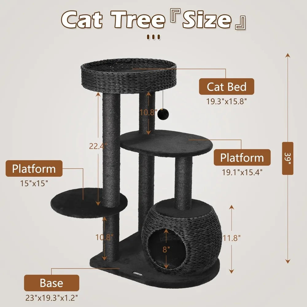 Modern Cat Tree 39 Inch Tall Black Cat Tree for Kittens Climb Play and Rest Indoor Cat Trees with Natural Sisal Scratching Post