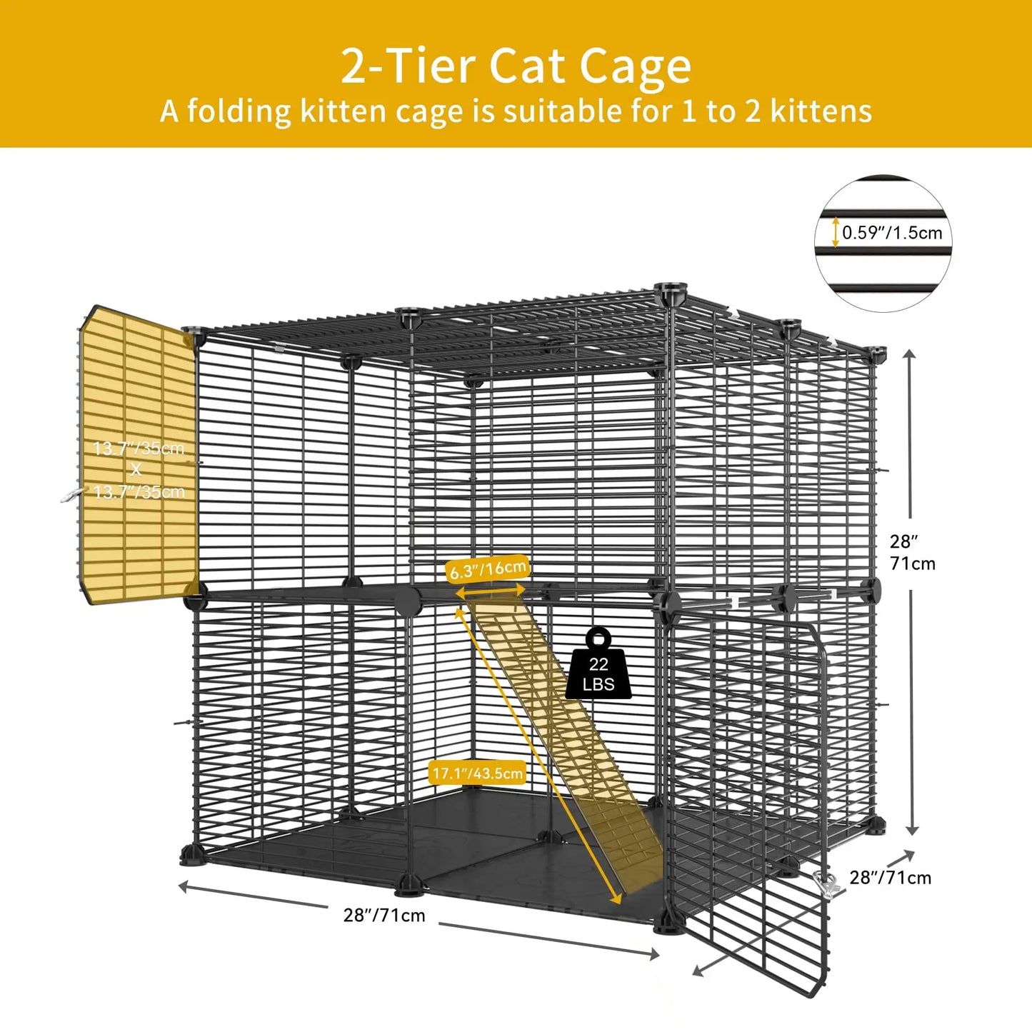 Cat Cage 2 Tier Indoor Cat Enclosure Kitten Cage DIY Pet Playpen Metal Kennel for 1 to 2 Cats Ferret Chinchilla Rabbit
