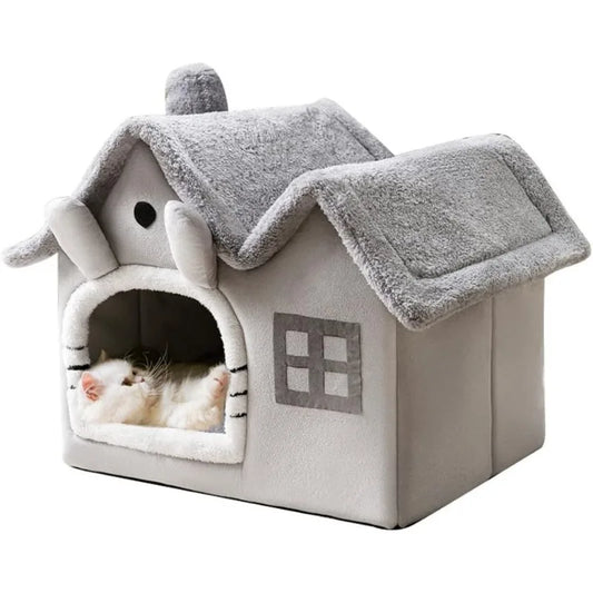 Luxury Double Roof Indoor Dog House Cat Nest Foldable Warm Soft Kennel 30D High Elastic Memory Sponge Removable Grey Velvet