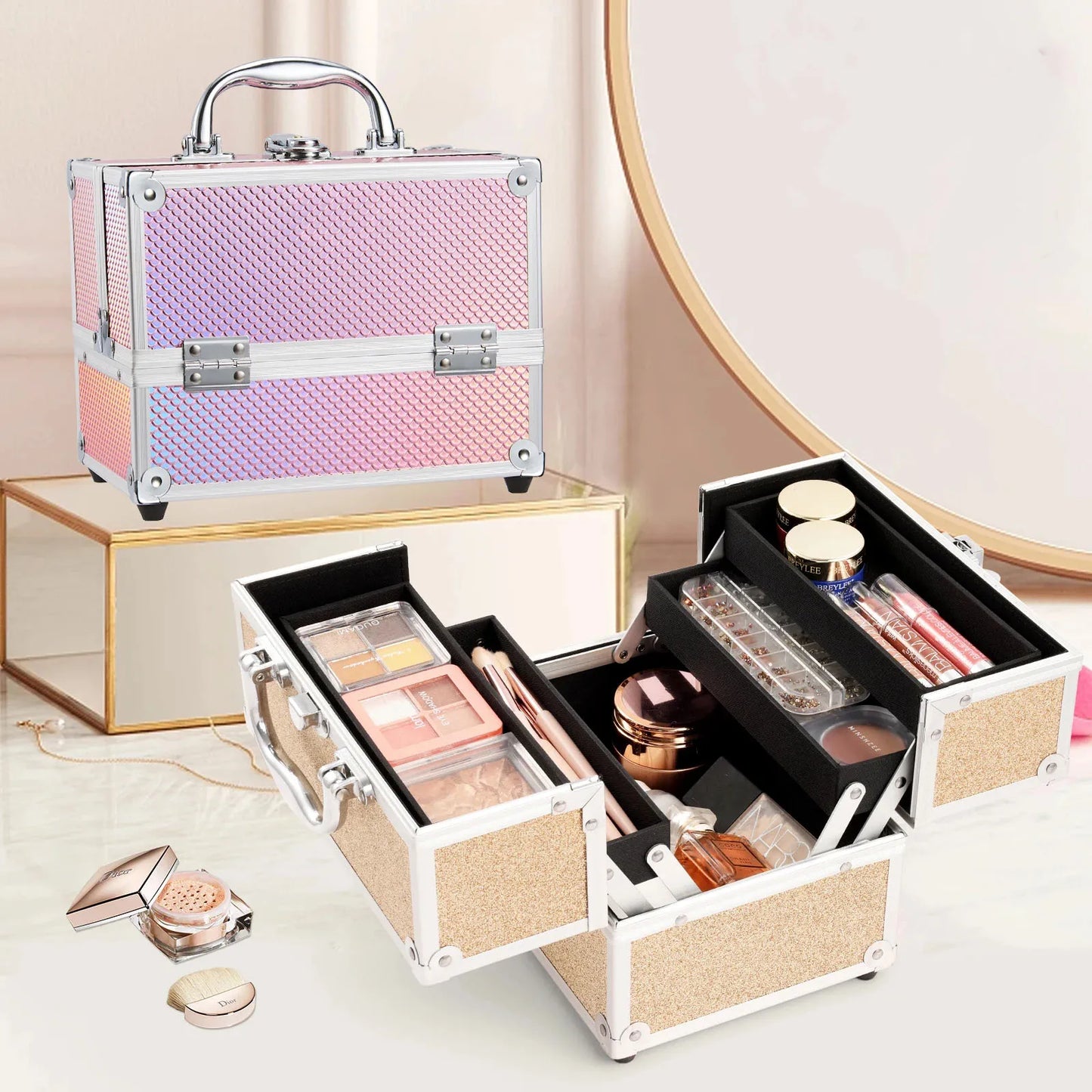 Portable Makeup Box Lock Mermaid Alloy Cosmetic Case with 4 Trays Girl's Jewelry Nail Hair Accessory Storage Organizer Suitcase