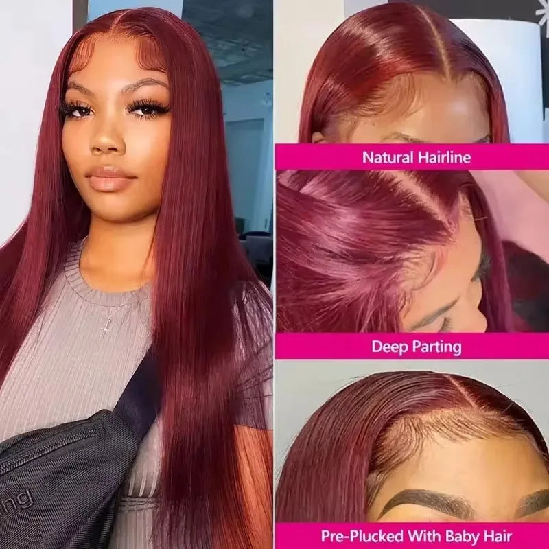 38 Inch 99j Burgundy Lace Front Human Hair Wig 13x6 Bone Straight Hd Lace Frontal Wig 180 Density Colored Pre Plucked Lace Wig