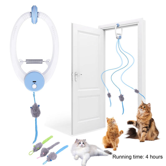 Teaser Electronic Self Play Feather Cat String Toy with 3 Catnip Mice Independent Play Hanging Door Cat Toys for Indoor Cats