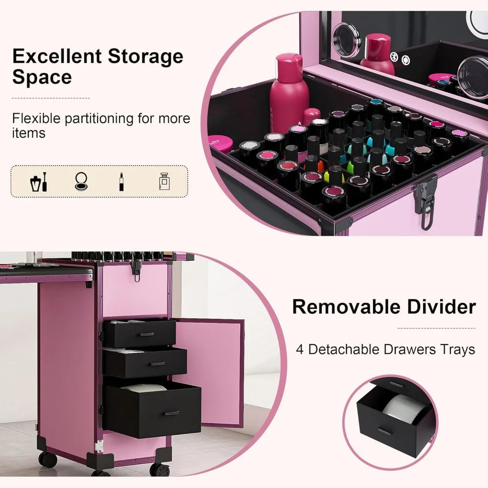Portable Rolling Manicure Table w/Telescopic Rod, Mobile Makeup Case Foldable Nail Desk Cosmetology Case with Wheels, 3 Lockable