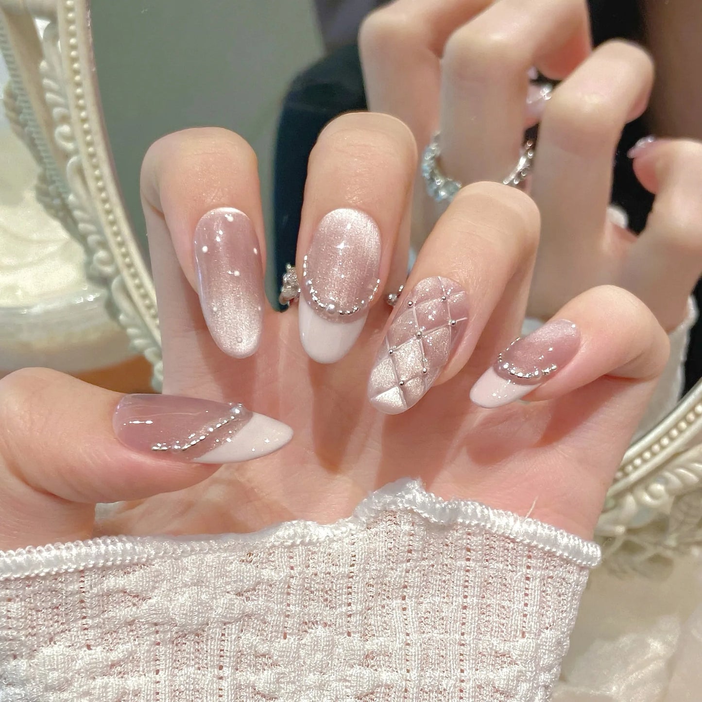 10 Pcs Handmade Press On Nails Fishtail Cat Eye Aurora