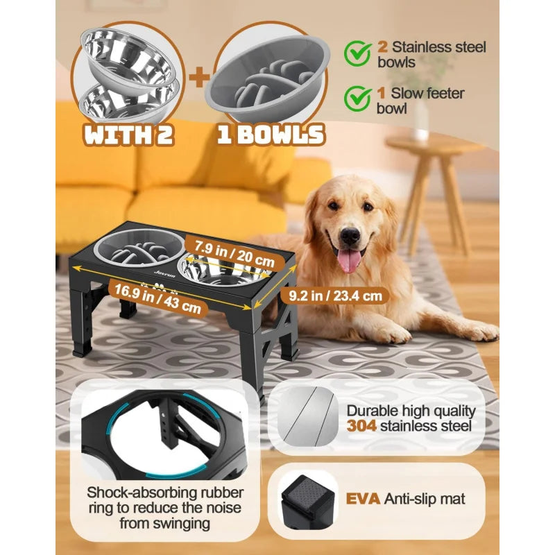 Adjustable Elevated Dog Bowl Stand with Three Stainless Steel Bowls Slow Feeder Non Slip Feet Dishwasher Safe for Medium Large Dogs