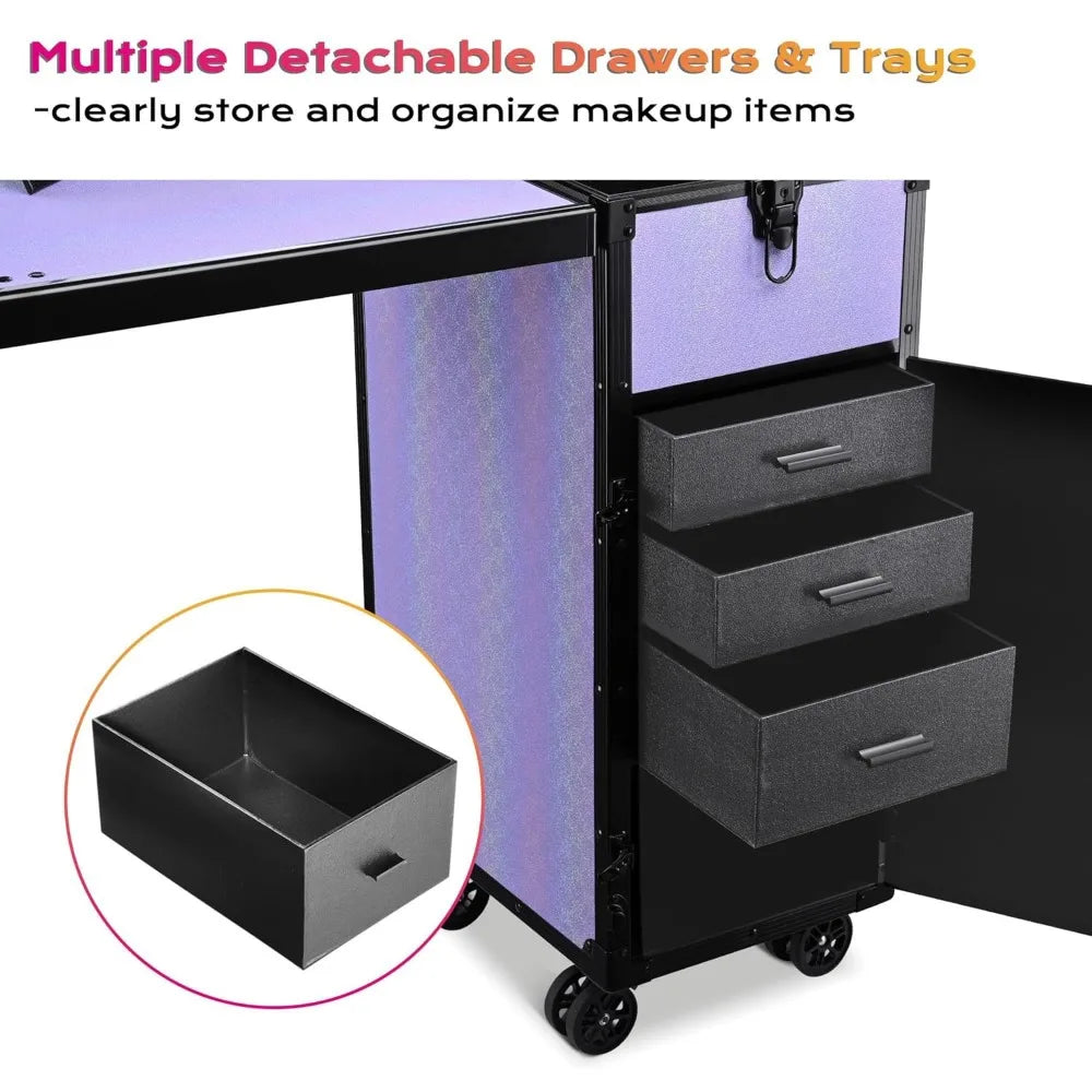 BYOOTIQUE Portable Nail Table Foldable with Storage Traveling Manicure Rolling Makeup Case on wheels for Manicurist Cosmetologis
