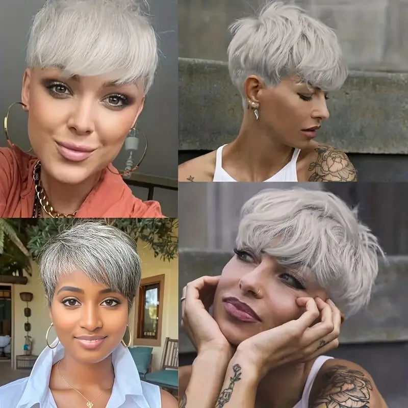 Grey Short Pixie Cut Wig for Women Straight Human Hair
