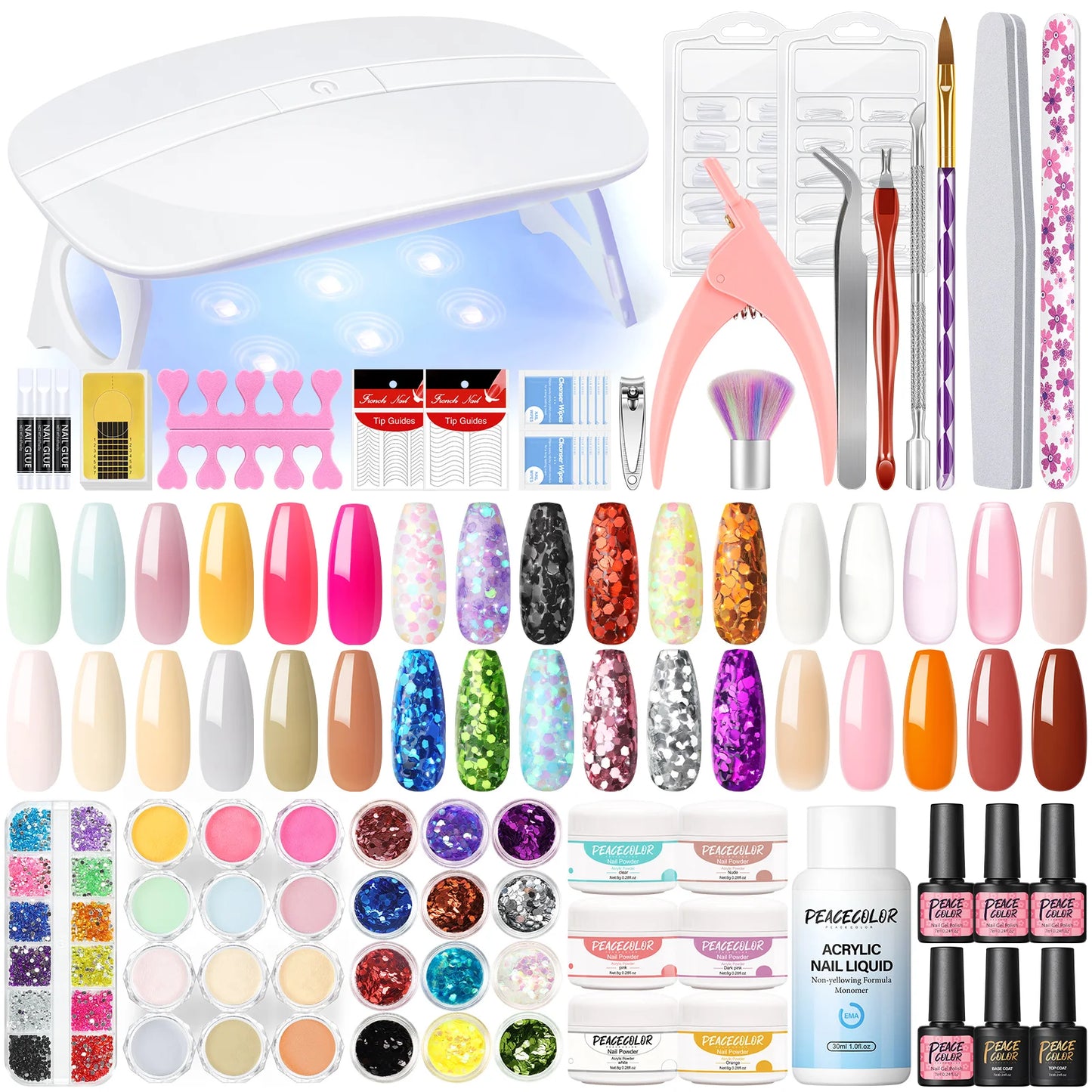 Peacecolor Manicure Kits with 6W Nail Lamp 30ML Acrylic Liquid 6PCS 8G Acrylic Powder and 5PCS 7ML Nail Gel Polish Nail Tools