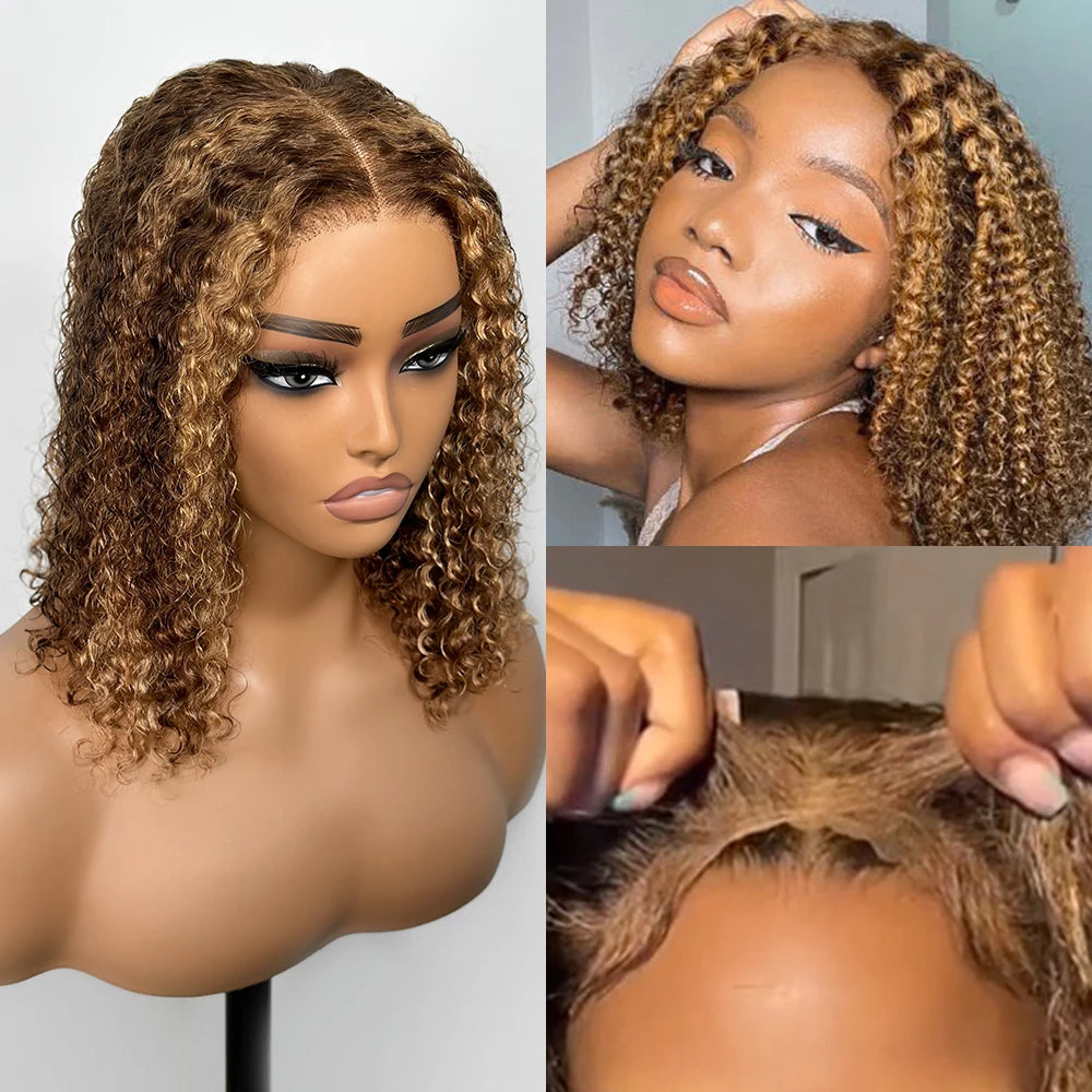 Deep Wave Honey Blonde Glueless Bob Wig HD Lace Front