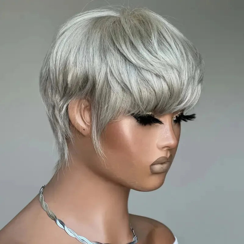 Grey Short Pixie Cut Wig for Women Straight Human Hair