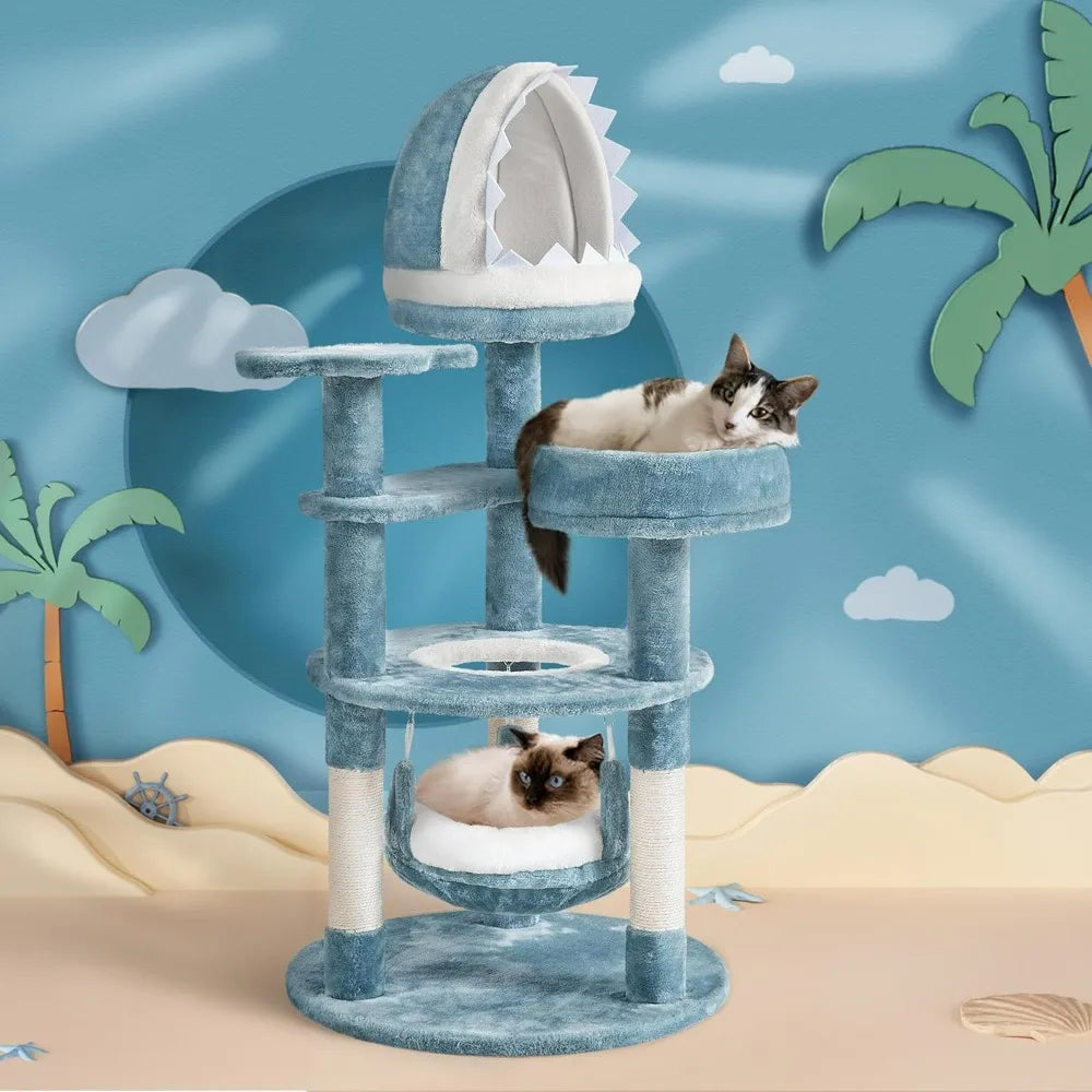 Cat Tree Multi Level Cat Tower Plush Furniture with Shark Mouth Shaped Nest Sea Star Shaped Perch Jellyfish Style Hammock