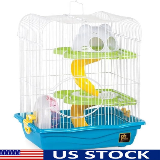 Tri Level Hamster Cage With Exercise Wheel Hideaway Dome