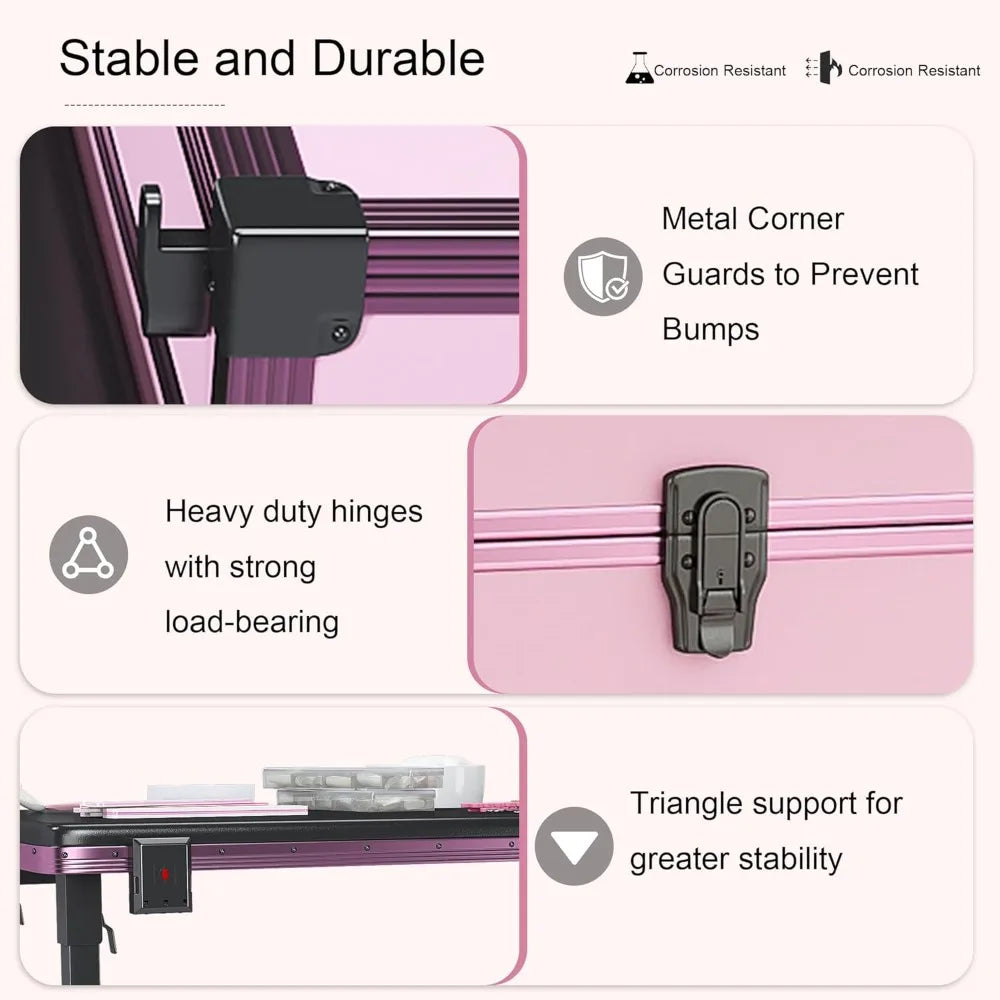 Portable Rolling Manicure Table w/Telescopic Rod, Mobile Makeup Case Foldable Nail Desk Cosmetology Case with Wheels, 3 Lockable