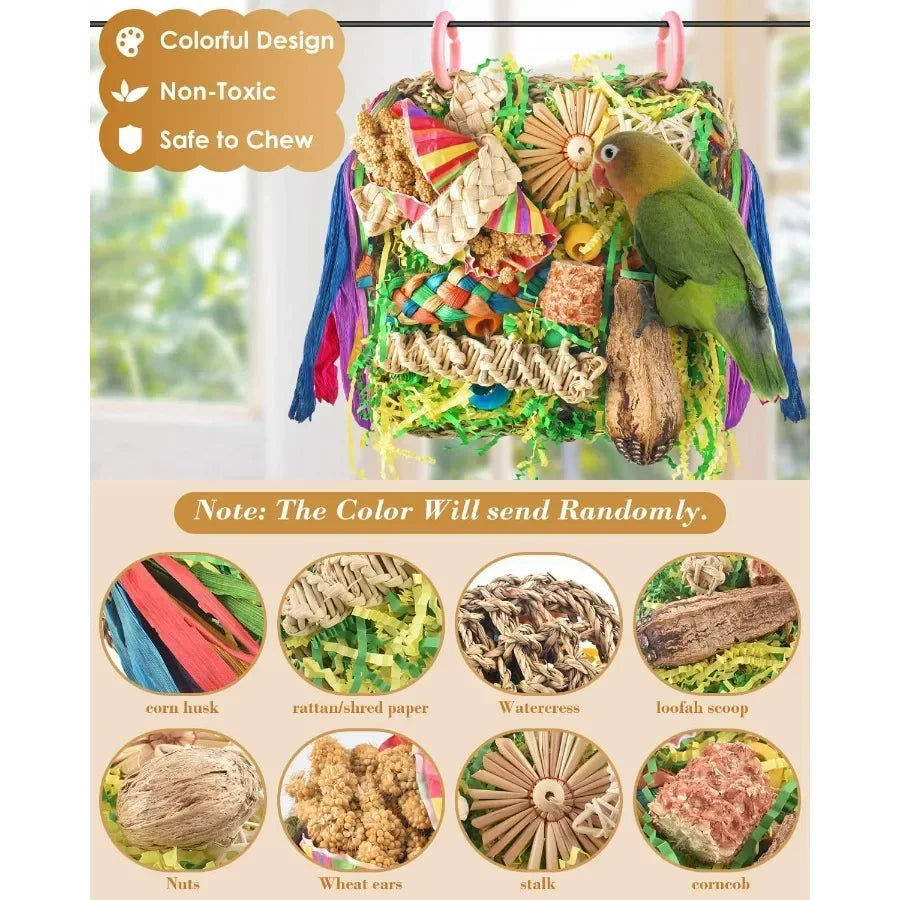 Interactive Foraging and Climbing Bird Toy Set with Colorful Shredding Seagrass Swing Mat and Wallmounted Hammock for Conures C