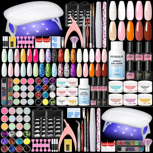 Peacecolor Manicure Kits with 6W Nail Lamp 30ML Acrylic Liquid 6PCS 8G Acrylic Powder and 5PCS 7ML Nail Gel Polish Nail Tools