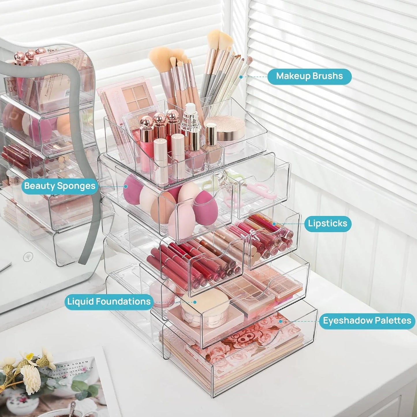 5 Tier Clear Makeup Organizer with Drawer Cosmetic Storage for Dresser Countertop and Bathroom Vanity Beauty Holder