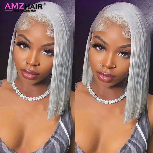 Grey Bob Lace Front Human Hair Wig 13x4 10 12 14 Inches