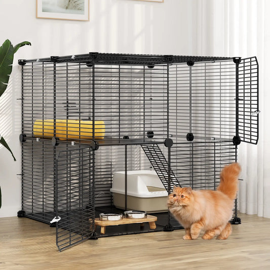 Cat Cage 2 Tier Indoor Cat Enclosure Kitten Cage DIY Pet Playpen Metal Kennel for 1 to 2 Cats Ferret Chinchilla Rabbit