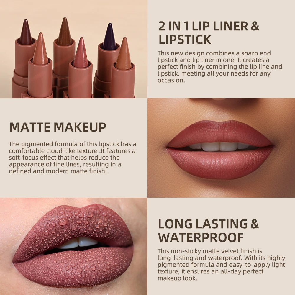 Liner Lipstick 6Colors Matte Black Brown Velvet Lipstick Waterproof Non Sticky Contouring Tint Lipliner Crayon Lip Makeup