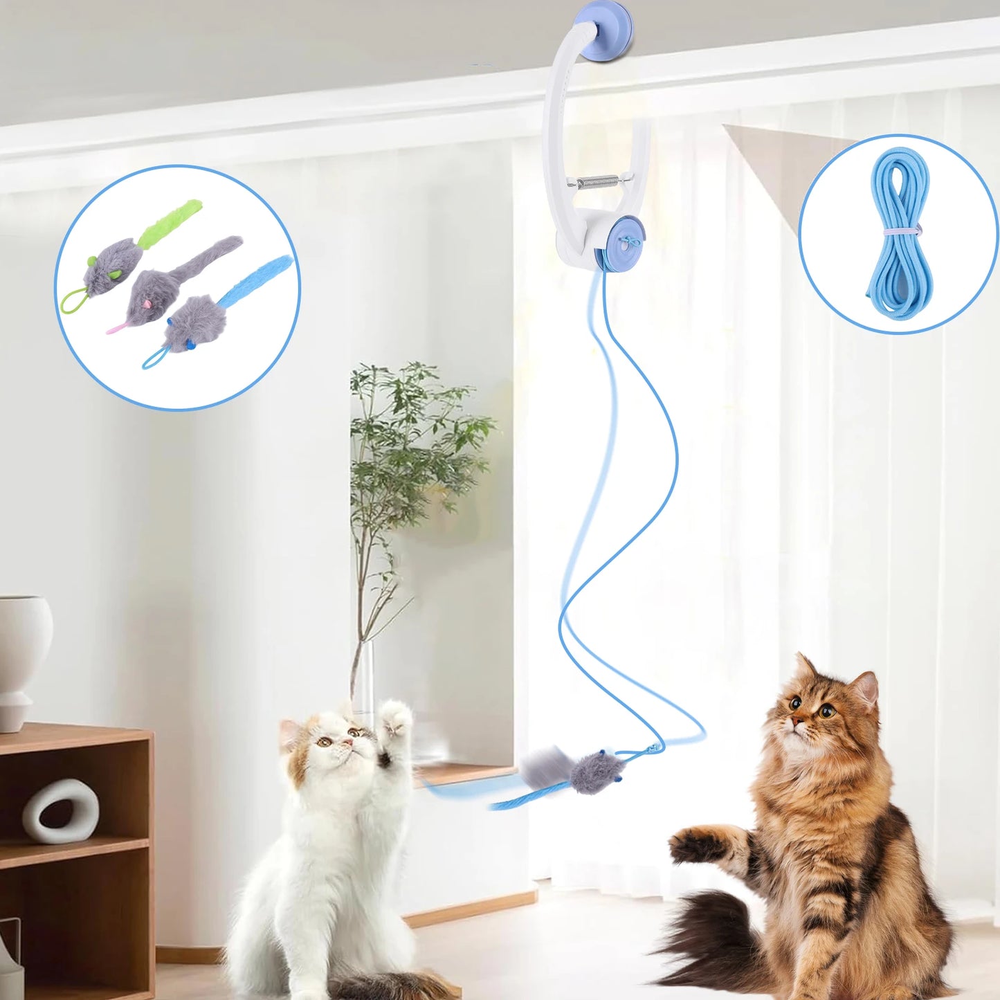 Teaser Electronic Self Play Feather Cat String Toy with 3 Catnip Mice Independent Play Hanging Door Cat Toys for Indoor Cats
