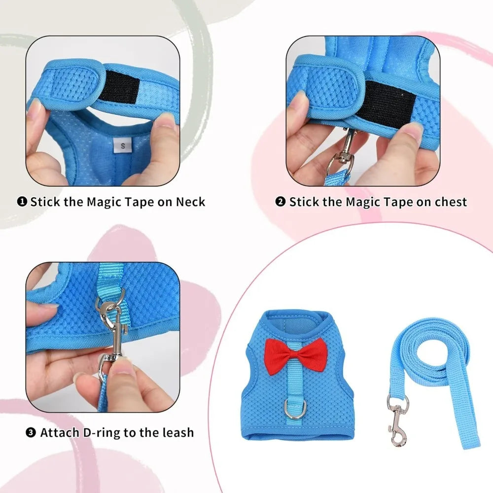 Bunny Harness and Leash Set with Cute Bow, Soft Breathable Mesh Vest Harness for Rabbits Kitten Ferret Small Pig Puppy Walking