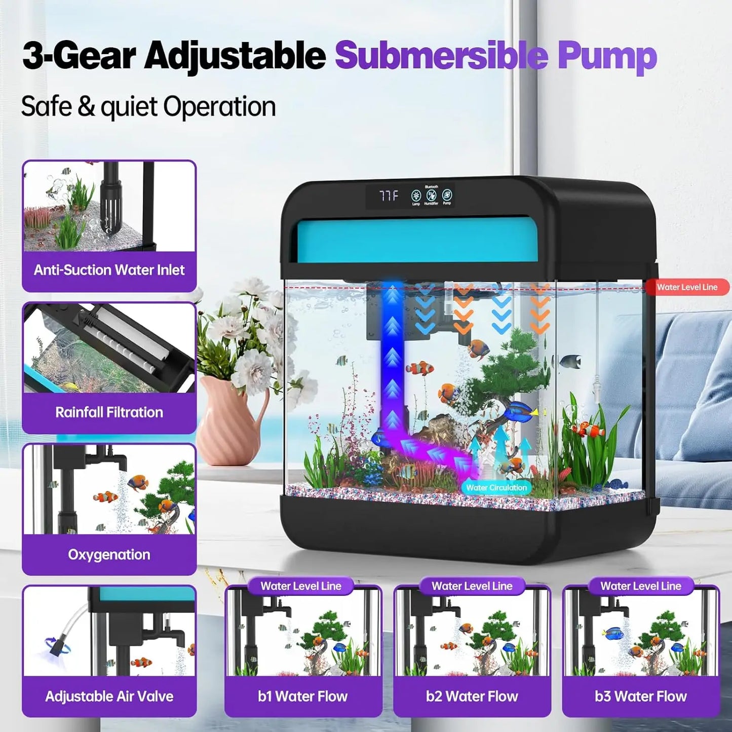 Fish Tank 2.2 Gallon Fish Aquarium with Music Humidifier 7 Color Auto-Looping Light Adjustable Water Pump with Filtration & Aera