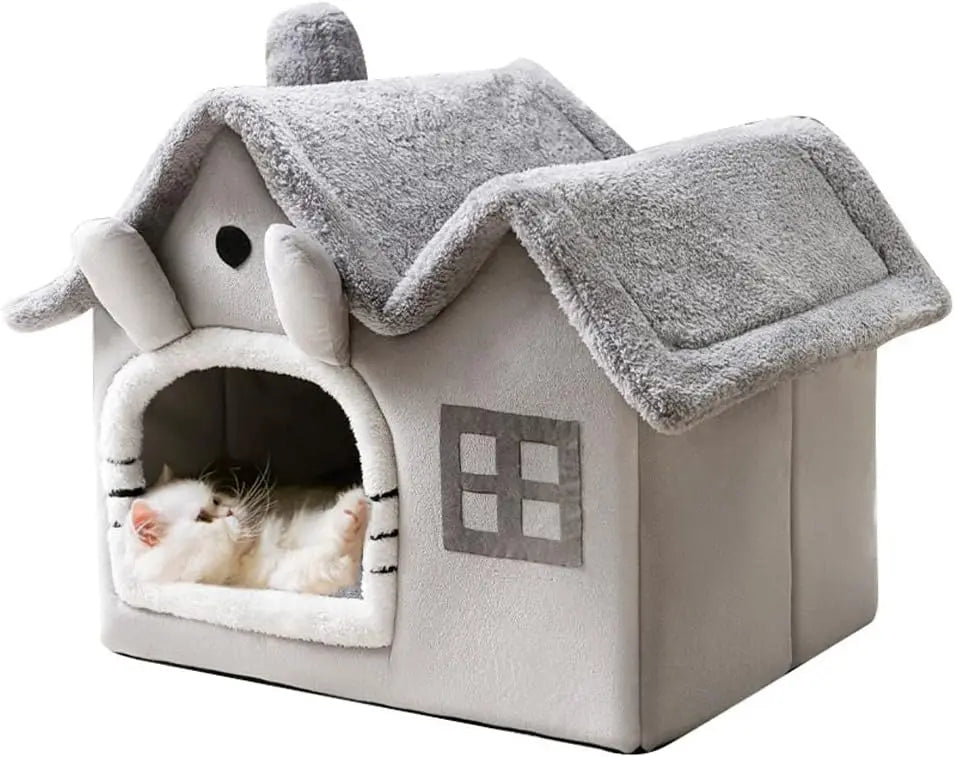 Luxury Double Roof Indoor Dog House Cat Nest Foldable Warm Soft Kennel 30D High Elastic Memory Sponge Removable Grey Velvet
