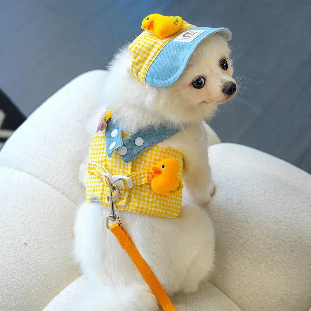 Three-piece Set Duck Frog Spring and Summer Pet Chest Harness Traction Rope Set - Breathable Fabric - For Cats & Puppies - Suita