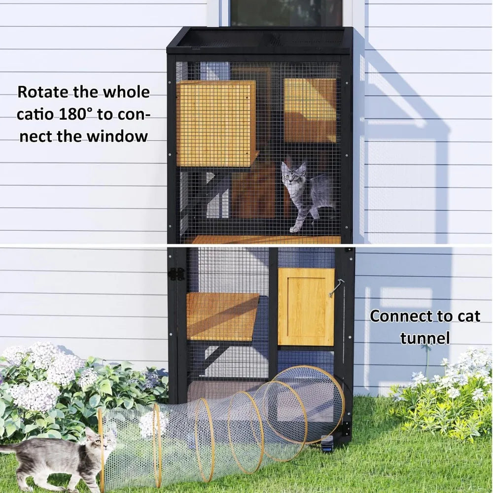 Cat Catio Outdoor Enclosure, 4 Tiers Cat Playen Catio with Wheels, Resting Box, Sunshine Panel Waterproof Roof, Large Pet House